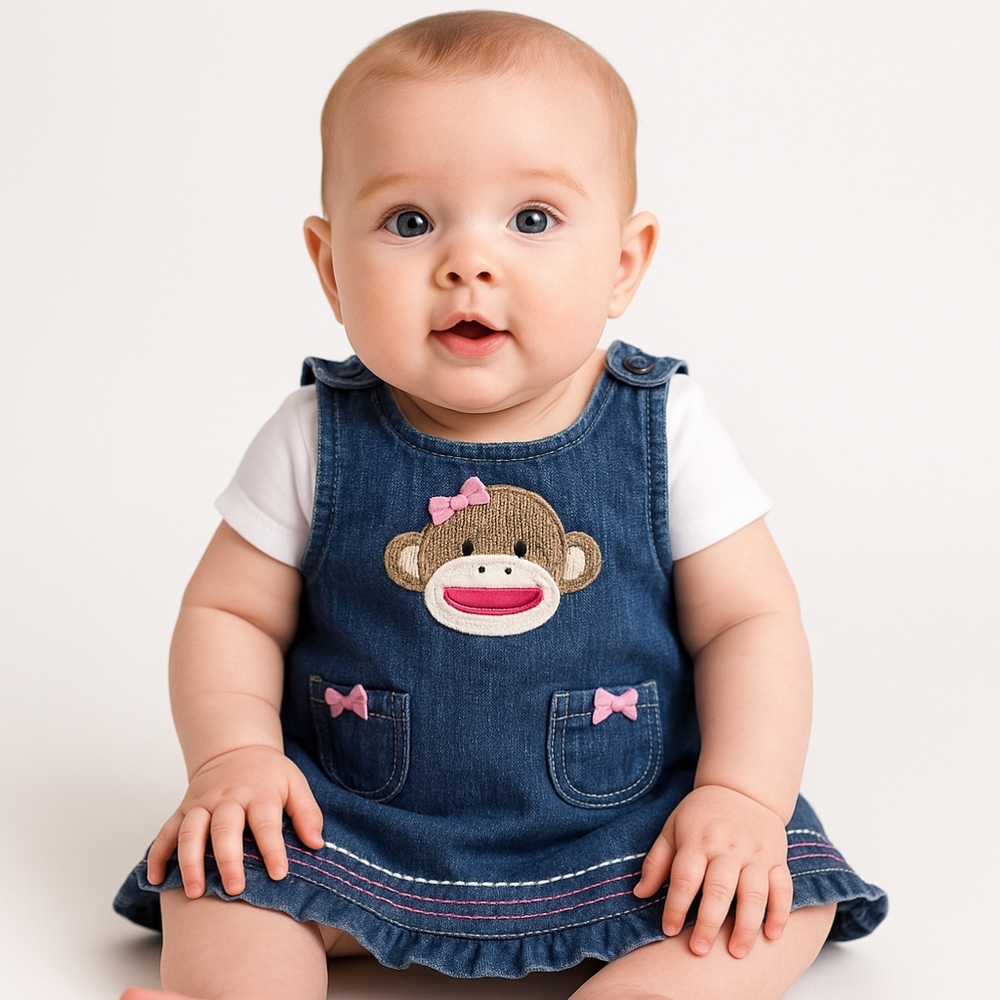 Bn) Baby Starters 6M Denim Jumper Dress – Sock Monkey Applique, Pink Bows & Ruff